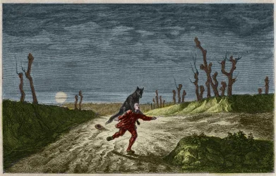 O lobisomem (O lobisomem, lupo mannaro) gravando depois de uma pintura de Maurice Sand. Gravura de 1857.