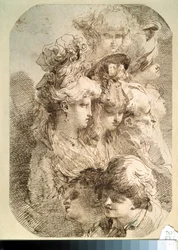 Estudo de oito cabeças. (Estudos de oito cabeças). Desenho de Mauro Gandolfi (1764-1834). arte italiana. Lápis e nanquim marrom sobre papel. Museu Pushkin, Moscou
