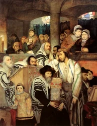 Judeus a rezar na sinagoga no Yom Kippur