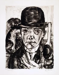 Auto-retrato com um chapéu de coco. Gravura de Max Bechmann (1884-1950)