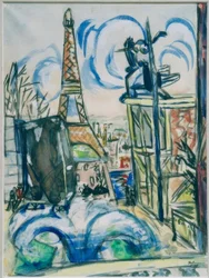 Vista do local da Feira Mundial em construção com a Torre Eiffel