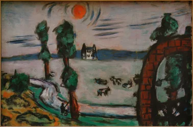 Paisagem de nevoeiro com vacas