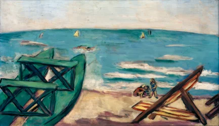 Praia com barco e deckchair