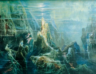 Alemanha, Bayreuth, cenário para a representação de «O Anel do Nibelungo - O Ouro do Reno» de Richard Wagner, as filhas do Reno