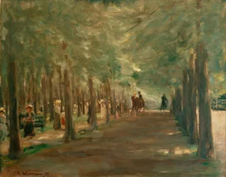 Beco no Tiergarten com cavaleiros e caminhantes