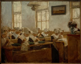 Escola de costura - sala de trabalho no orfanato de Amsterdã