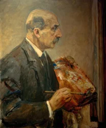 Auto-retrato com paleta no cavalete, de perfil após