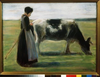 ""Uma jovem com uma vaca"" (Girl with Cow) Pintura pastel de Max Liebermann (1847-1935) Museu Pushkin, Moscou