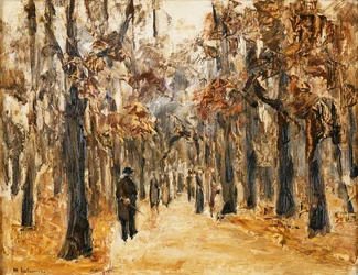 Jardins zoológicos no outono com figuras andando; Tiergarten no outono com caminhantes,