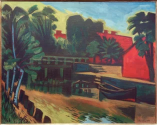 Grande ponte Mühlengraben vista do leste, Leba / Pomerânia