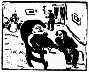 Xilogravura retratando pessoas sentadas numa área de estar