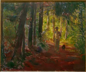 Homem em uma estrada da floresta