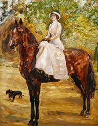 Dama de vestido branco de equitação a cavalo, 1910
