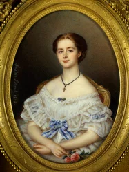 Retrato de mulher com fita azul Pintura de Maxime David (século XIX) 1858 Paris, Artes Decorativas.