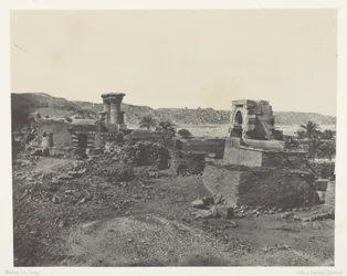Aldeia e templo na ilha de Beghé, a oeste de Philoe; Núbia, chapa 81 do álbum "Egypte, Nubie, Palestine et Syrie" (1852)