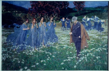 Reverie, uma paisagem mundial semelhante a um sonho, um homem atravessa um povo de campo de taxas. Pintura de Maximilian Lenz (1860-1948)