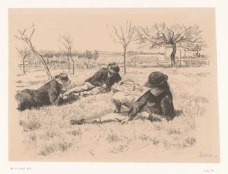 Três homens descansam em um prado