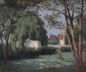 Cena do país com três casas e árvores, c.1900