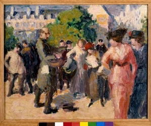 Cena de rua. Um mendigo com um hurdy-gurdy a tocar num jardim em Paris. Pintura de Maximilien Luce (1858-1941). Óleo sobre tela. Coleção particular