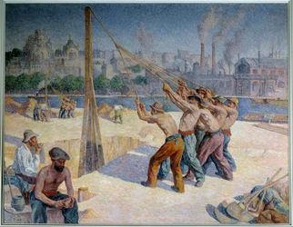 Stake drummers on the Quai de la Seine a Billancourt Painting by Maximilien Luce (1858-1941) 1903 Dim. 1,53 x 1,95 m. Paris, Musee d