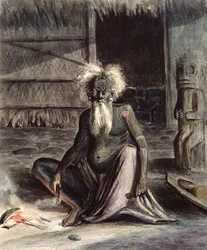 Velho do Taiti sentado perto de um Tiki, c.1841-48 (caneta e tinta e papel no papel)