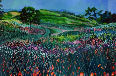 Caminho entre flores silvestres