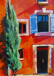 Casa Vermelha com Persianas Azuis