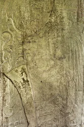 Detalhe de Stela 9 representando Ajb&39;alun Haab&39;tal Wat&39;ul K&39;atel, Rei Clássico Terminal de Ceibal, Guatemala, comemorando o final do 9º Katon em AD. 849 pedra