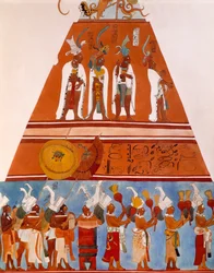 Frescoes em Bonampak, Chiapas (México). Detalhe mostrando uma cena de procissão. Civilização Maia, Século IX.