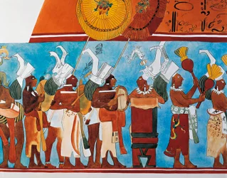 Reconstrução dos frescos Bonampak mostrando uma procissão de músicos (pintura de parede)