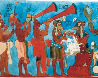 Reprodução dos frescos Bonampak, detalhe com músicos do México, Chiapas, Bonampak (fresco)