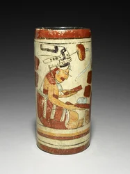 Vaso com cena de apresentação, 600-900 AD (faiança com deslizamento)