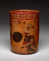 Vaso cilíndrico com cena de jogo de bola, período clássico tardio, c.682-701 (cerâmica)