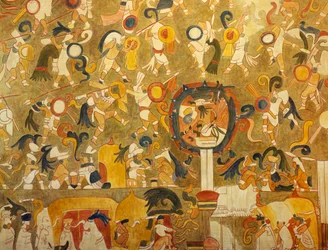 Reconstrução de uma pintura maia de Chichén Itzá (Iucatão, México) que representa uma cena de batalha. Civilização maia.