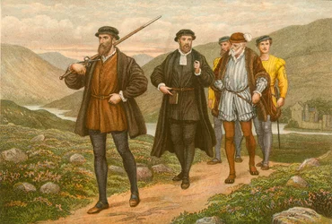 John Knox empunhando a espada diante de George Wishart, após a tentativa de assassinato em Dundee (gravura colorida)