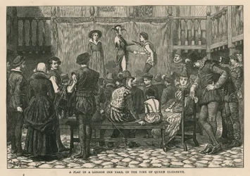 Noite de Reis representada no pátio de uma estalagem em Londres durante a era elisabetana