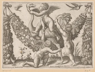 Três putti e uma avestruz Tapeçarias do Papa (título da série) Tapezzerie de Papa (título da série no objeto)