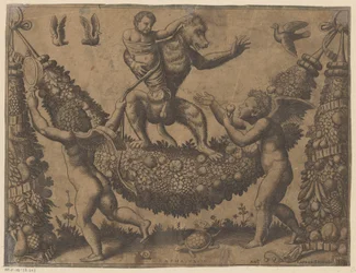 Putti zombando de um macaco Tapeçarias do Papa (título da série) Tapezzerie de Papa (título da série)