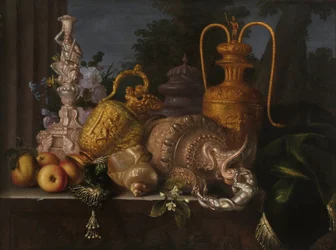 Natureza morta, conchas e ourivesaria. Pintura por Meiffren Conte (1630-1705). Óleo sobre tela. Dim: 91x121cm. Menção obrigatória: Fondação de colecções de de Provence, Marselha