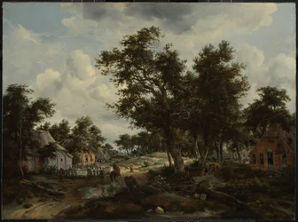 Uma paisagem arborizada com viajantes num caminho através de uma aldeia