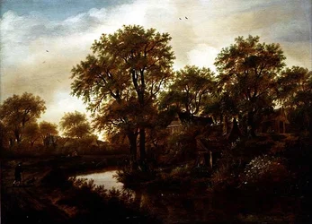 Paisagem fluvial com casas de campo e camponeses