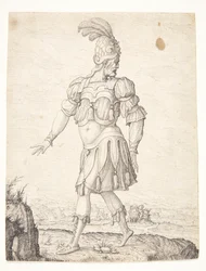 Um homem em trajes romanos, apontando para uma mola