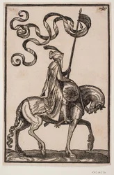 Porta-estandarte montado, perfil para h.; o estandarte é de dois lóbulos, o cavaleiro desarmado, a cavalo na frente dele uma bolsa em forma de salsicha