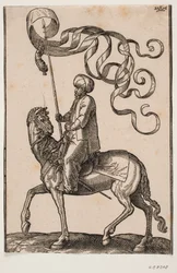 Porta-estandarte montado, perfil para v.; o estandarte é trilobado e abaixo dele está suspensa uma pena; sua espada colocada entre sua perna v. e o flanco do cavalo