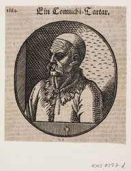 Busto de homem com barba e calota; 3/4 perfil para a esquerda