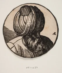 Medalhão circular com busto de homem barbudo de turbante, visto de cima diagonalmente, 3/4 de perfil para a direita