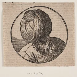 Medalhão circular com busto de homem barbudo de turbante, visto de cima diagonalmente, 3/4 de perfil para a direita