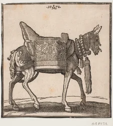 Uma mula magnificamente equipada, perfil para h.
