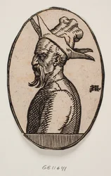 Medalhão oval com busto de homem com bigode pendente e chapéu de quatro abas; o lado esquerdo do rosto do homem é visto de perfil