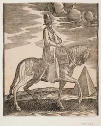Cavaleiro com cantil no pescoço, perfil para a direita; uma espada à sua direita e bagagem à sua frente, pendurada na sela; à direita, ao fundo, uma pirâmide
